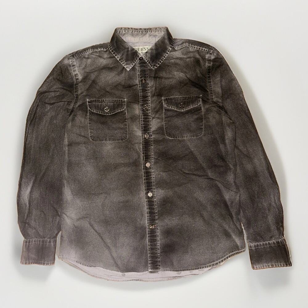 Guess Mens Medium Black Acid Wash Cotton Shirt Y2K Western Button Up Long Sleeve